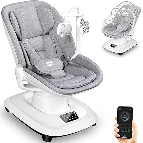 Electric 3D-Motion Baby Swing with 7 Modes | App Control Bluetooth 12 Melodies Remote Newborn to 33 lbs Grey - Pun & Naya