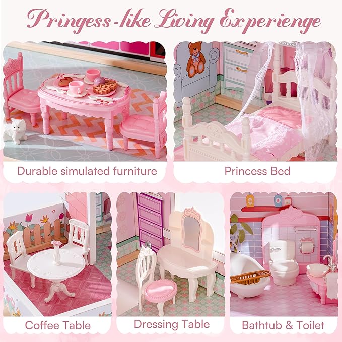 ROBOTIME Wooden Dollhouse (Pink) – 24-Piece Furniture Set for 4–6 Inch Dolls, Pretend Play Gift for Girls Age 3+