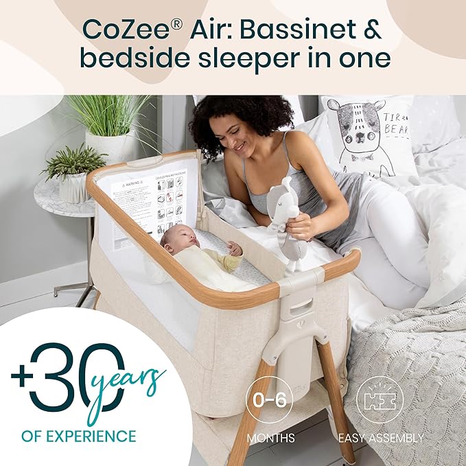 Tutti Bambini CoZee Air Bedside Crib Walnut & Ecru | Rocking Bassinet Fast Fold Travel Bag 6 Heights - Pun & Naya