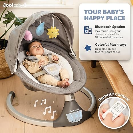 Jool Baby Nova Swing Gray Updated 2025 | Bluetooth Music Remote 5 Motions 5 Speeds Newborn to 25 lbs - Pun & Naya