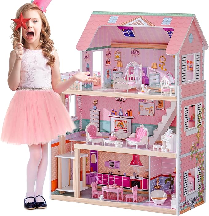 ROBOTIME Wooden Dollhouse (Pink) – 24-Piece Furniture Set for 4–6 Inch Dolls, Pretend Play Gift for Girls Age 3+