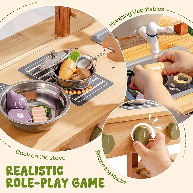 ROBOTIME Outdoor Mud Kitchen for Kids – Wooden Pretend Play Kitchen with Sink & Storage (Ages 3+)