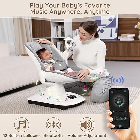 Electric 3D-Motion Baby Swing with 7 Modes | App Control Bluetooth 12 Melodies Remote Newborn to 33 lbs Grey - Pun & Naya