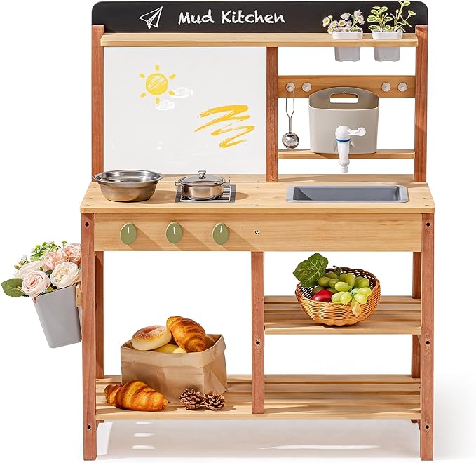 ROBOTIME Outdoor Mud Kitchen for Kids – Wooden Pretend Play Kitchen with Sink & Storage (Ages 3+)
