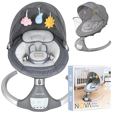 Jool Baby Nova Swing Gray Updated 2025 | Bluetooth Music Remote 5 Motions 5 Speeds Newborn to 25 lbs - Pun & Naya