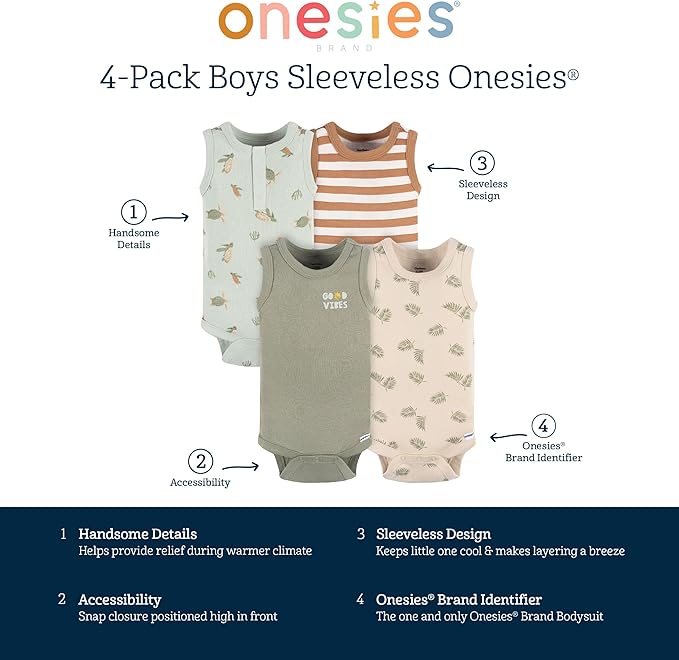 Gerber Baby Boys Sleeveless Onesies – Soft Cotton Multi-Pack for Warm Weather Comfort