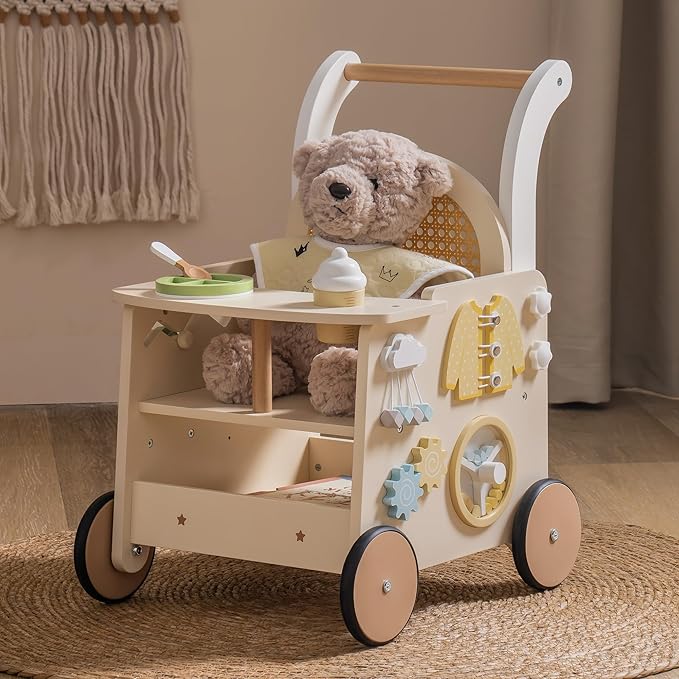 ROBOTIME Wooden Baby Walker – Activity Center Push Walker with Safety Brake & Rattan Doll Design