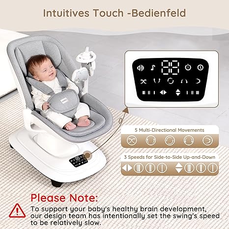 Electric 3D-Motion Baby Swing with 7 Modes | App Control Bluetooth 12 Melodies Remote Newborn to 33 lbs Grey - Pun & Naya