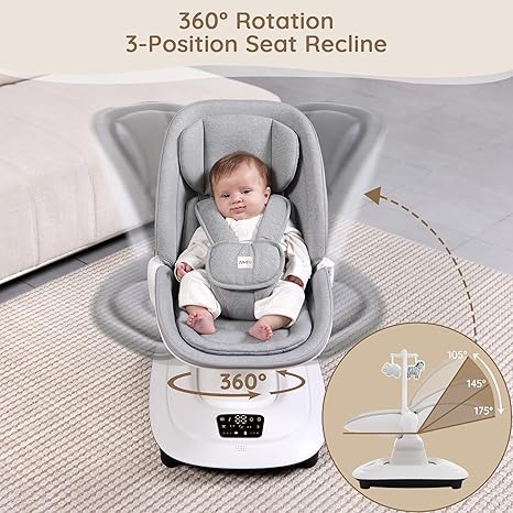 Electric 3D-Motion Baby Swing with 7 Modes | App Control Bluetooth 12 Melodies Remote Newborn to 33 lbs Grey - Pun & Naya