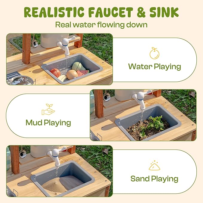 ROBOTIME Outdoor Mud Kitchen for Kids – Wooden Pretend Play Kitchen with Sink & Storage (Ages 3+)