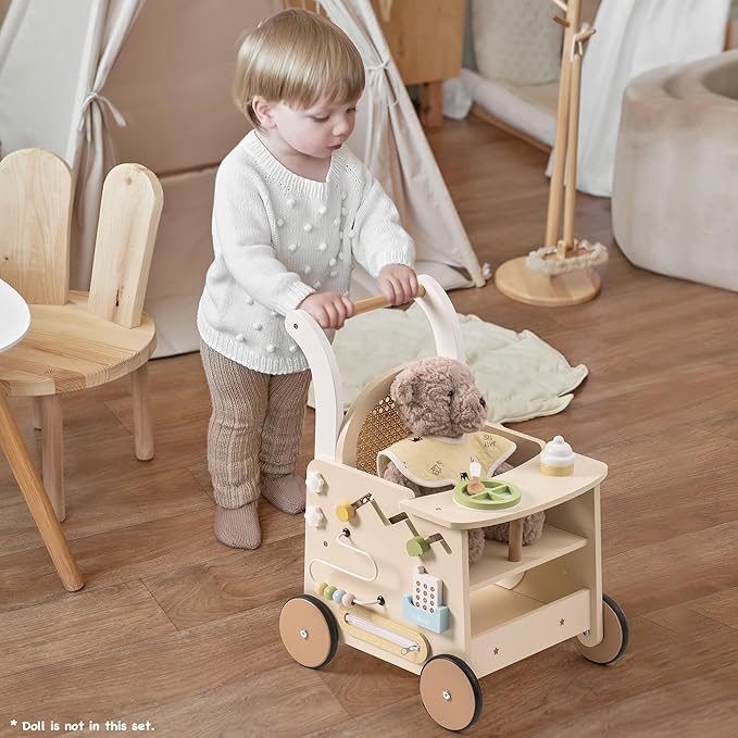 ROBOTIME Wooden Baby Walker – Activity Center Push Walker with Safety Brake & Rattan Doll Design