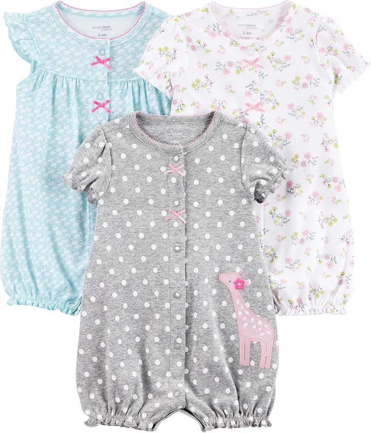 Simple Joys by Carter’s Baby Girls’ Snap-Up Rompers 3-Pack – Soft, Breathable & Easy-Change Outfits