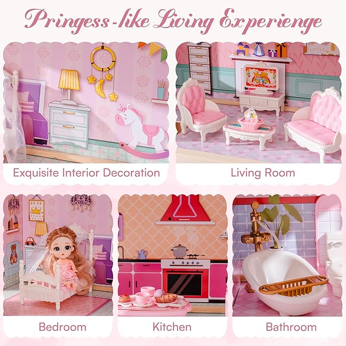 ROBOTIME Wooden Dollhouse (Pink) – 24-Piece Furniture Set for 4–6 Inch Dolls, Pretend Play Gift for Girls Age 3+