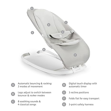 Munchkin Electric Baby Bouncer & Rocker Grey | Automatic Bounce Digital Touch Display 3 Recline - Pun & Naya