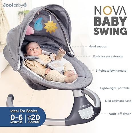 Jool Baby Nova Swing Gray Updated 2025 | Bluetooth Music Remote 5 Motions 5 Speeds Newborn to 25 lbs - Pun & Naya