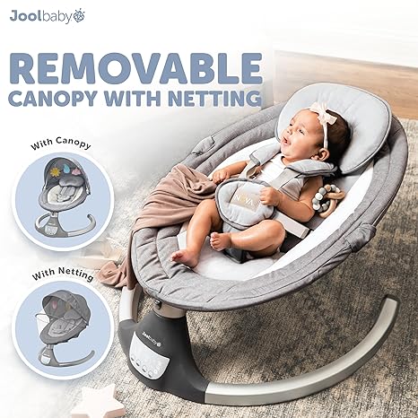 Jool Baby Nova Swing Gray Updated 2025 | Bluetooth Music Remote 5 Motions 5 Speeds Newborn to 25 lbs - Pun & Naya