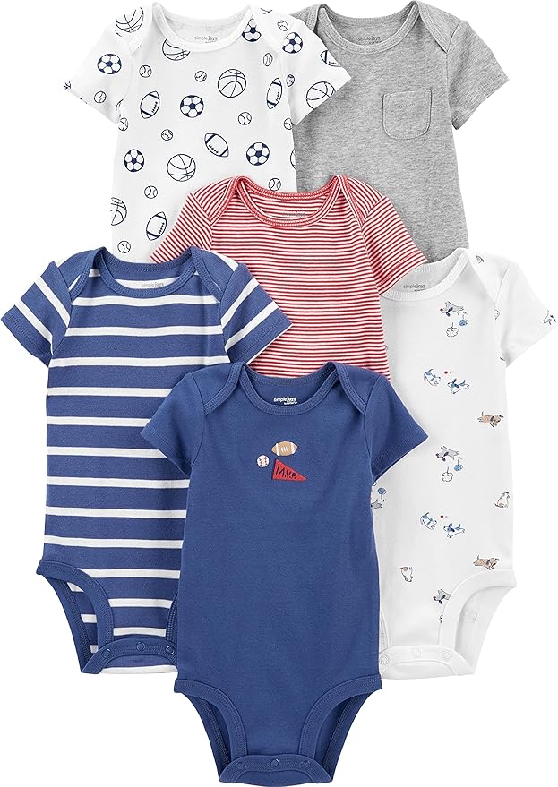Simple Joys by Carter’s Baby Boys’ 6-Pack Short-Sleeve Bodysuits – Soft Cotton Everyday Essentials