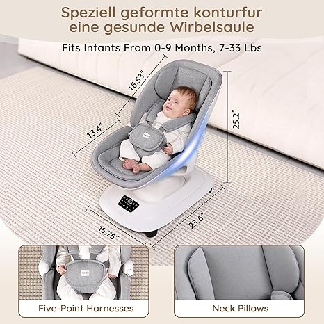 Electric 3D-Motion Baby Swing with 7 Modes | App Control Bluetooth 12 Melodies Remote Newborn to 33 lbs Grey - Pun & Naya
