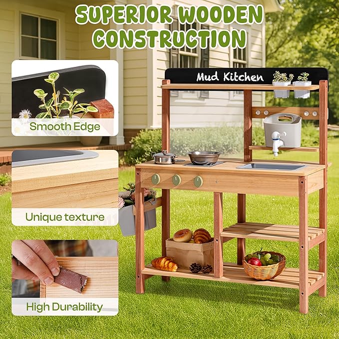 ROBOTIME Outdoor Mud Kitchen for Kids – Wooden Pretend Play Kitchen with Sink & Storage (Ages 3+)