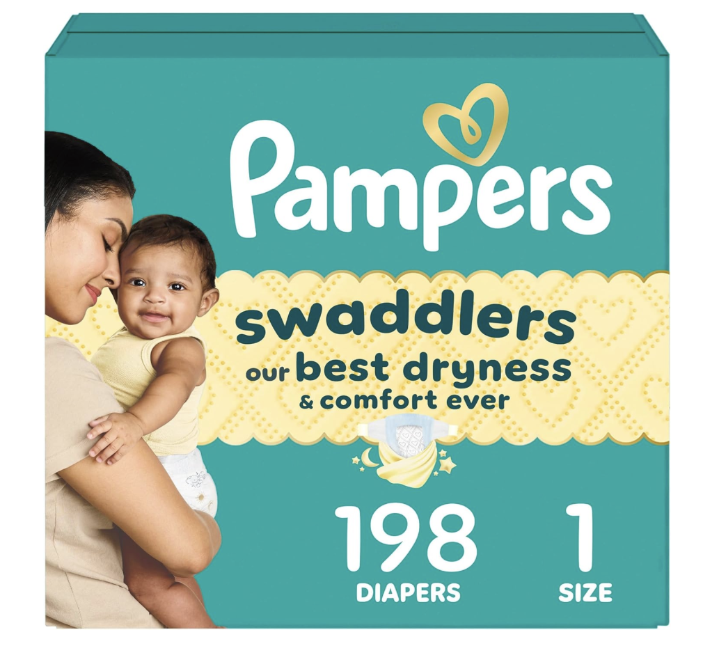 Pampers Swaddlers Size 1 Diapers (8–14 lbs), 198 Count — Soft, Absorbent & Skin-Safe | Pun & Naya