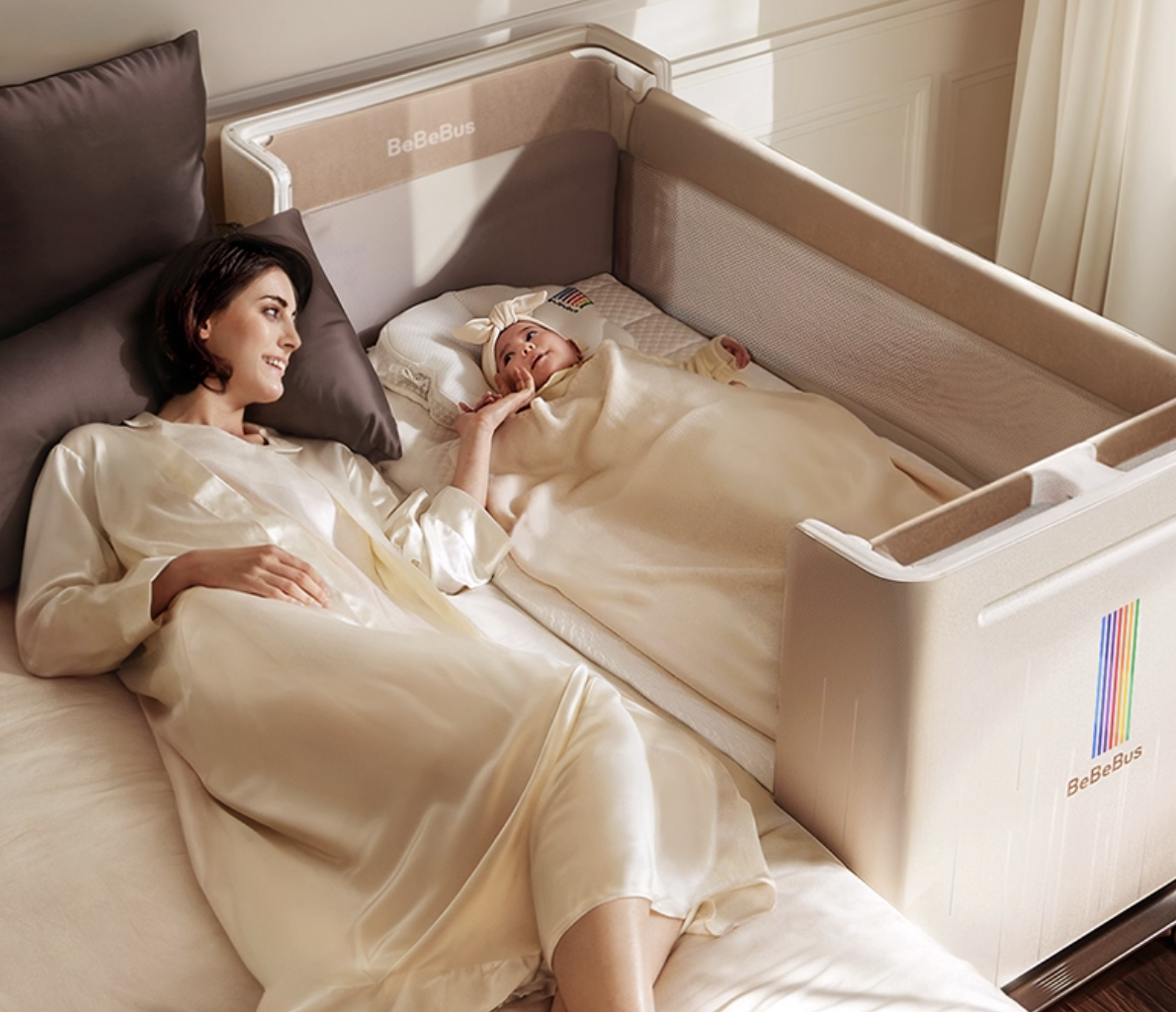 BeBeBus Big White Bed | Multi-functional Baby Bed with Bedside Extension, Height Adjustment & Smart Fold