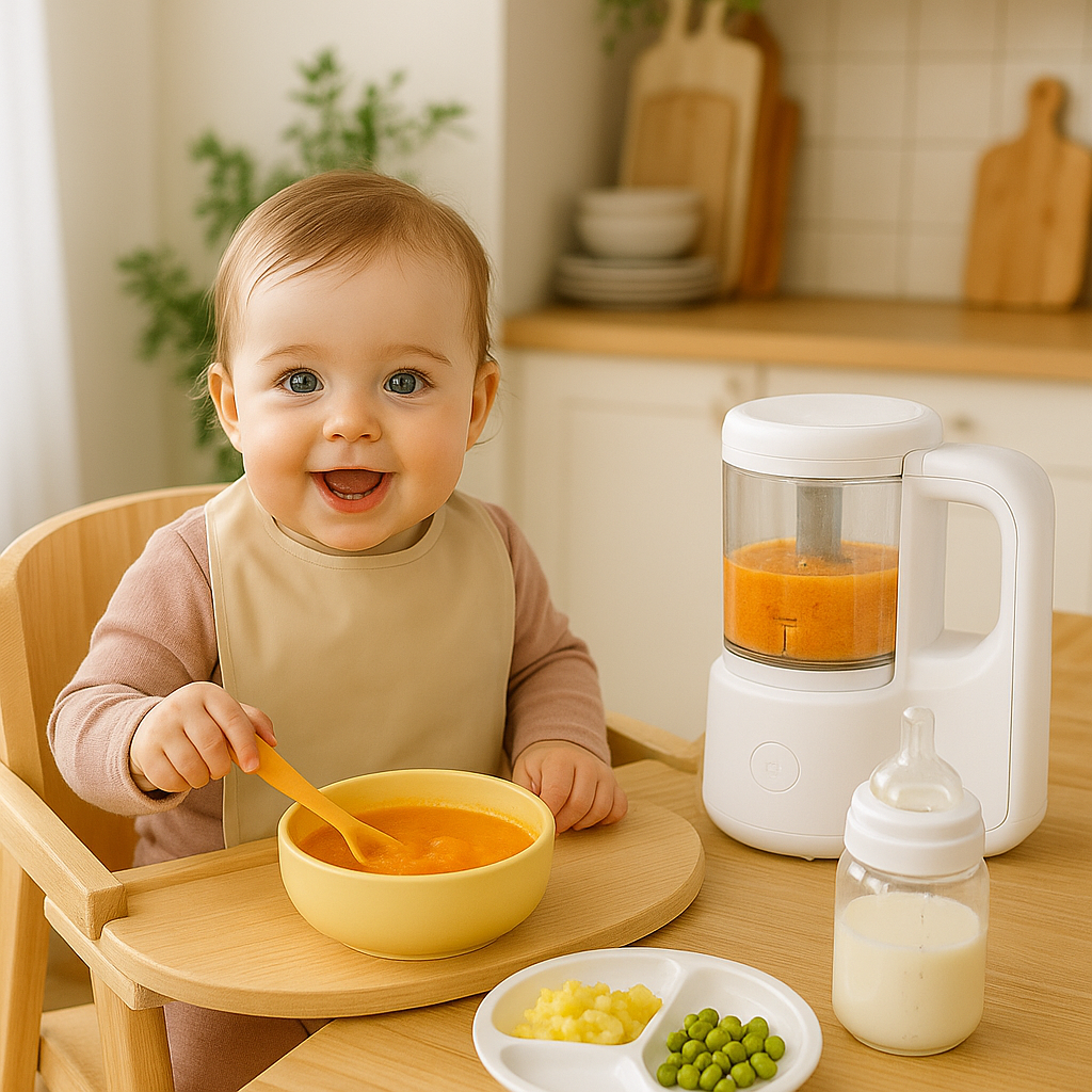 A baby girl sitting on a soft play mat reaching for wooden stacking toys and silicone rattles, surrounded by safe, non-toxic baby toys in a cozy, sunlit nursery.