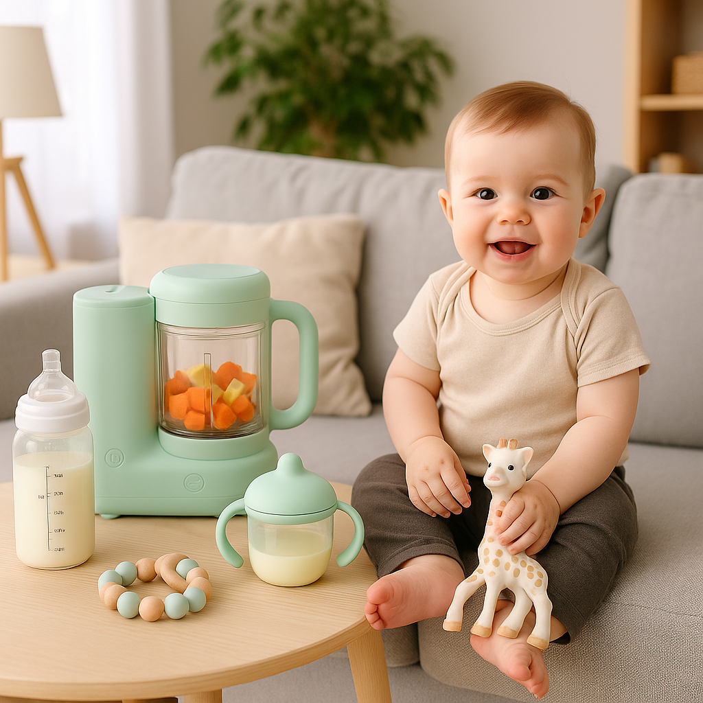 A smiling baby boy sitting in a high chair, wearing a silicone bib, holding a soft baby spoon, with colorful baby feeding items placed around him in a bright, clean kitchen.